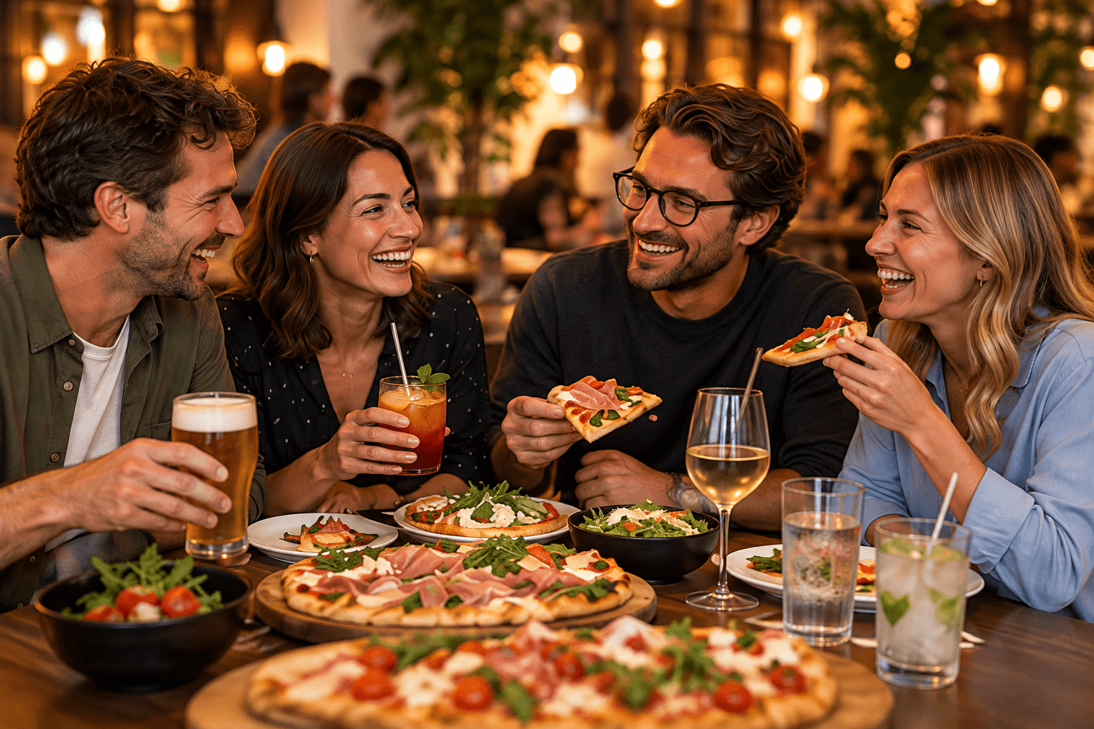 Quatre amis partagent des pinsas et des boissons autour d’une table.